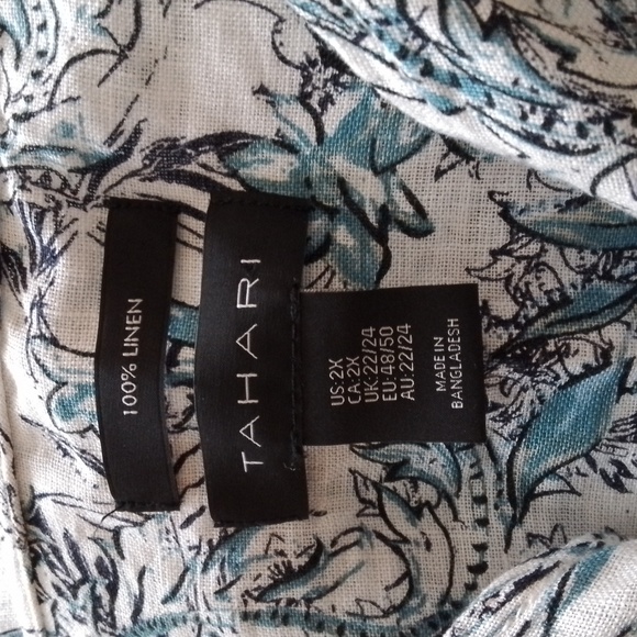 Tahari NWOT linen shirt, size 2X, white with black and aqua print design. - Picture 6 of 7